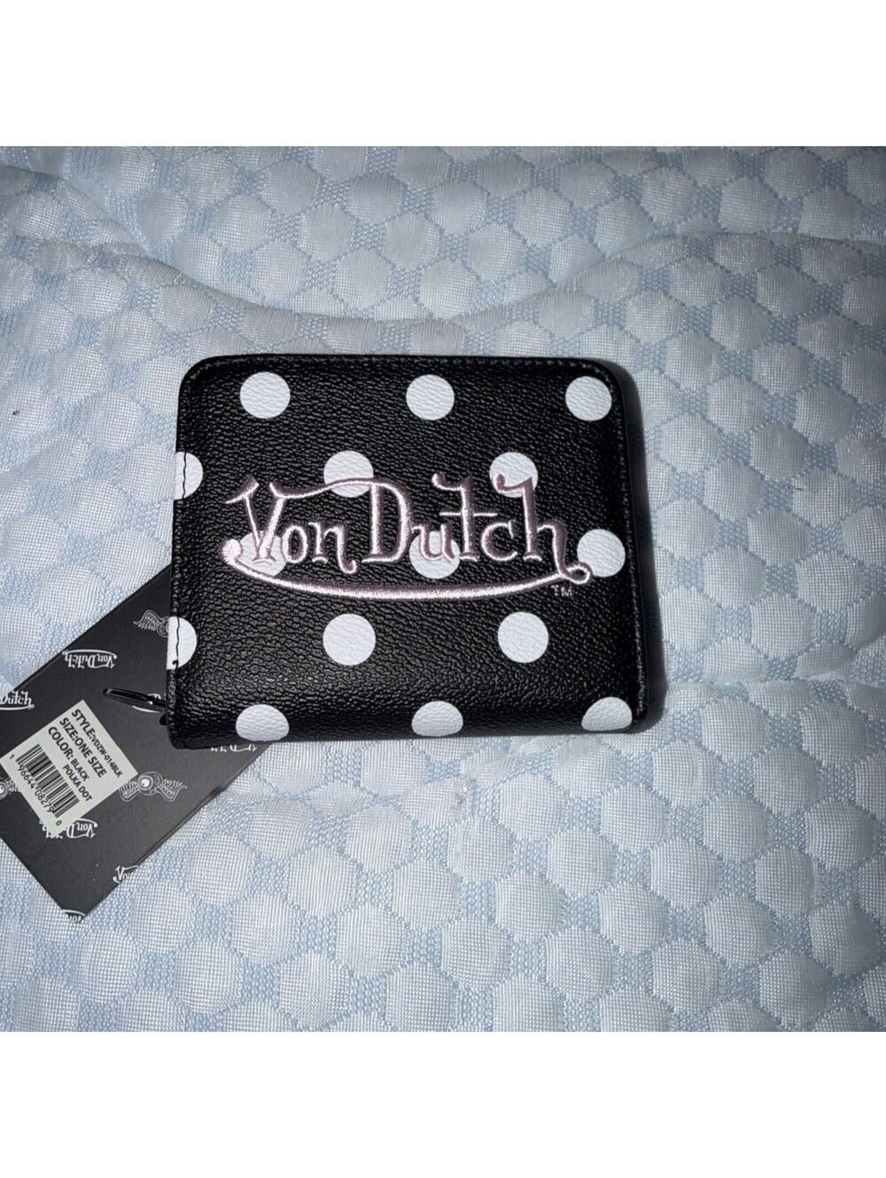 Von Dutch Wallet blk/ pink Polka Dot ID Card Holder Zip Close NWT